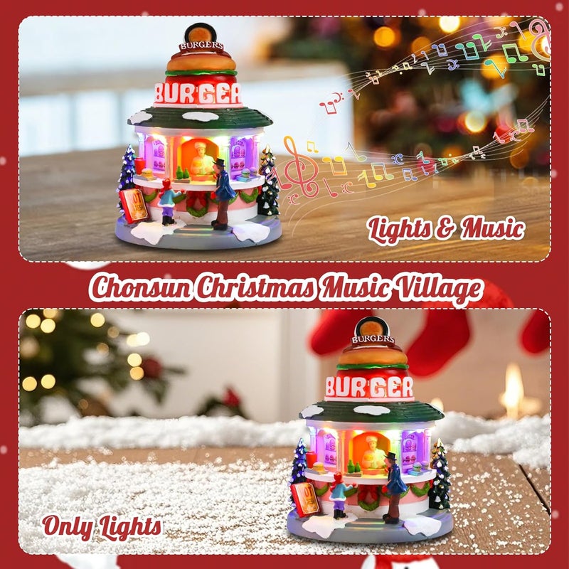 CHONSUN Christmas Village 7.5 Inch Animated Christmas Shop Decorations Moving Hamburger 3AA Batteries Music Village People Indoor Lights Figurines for Room Tabletop Xmas Decor - Image 4
